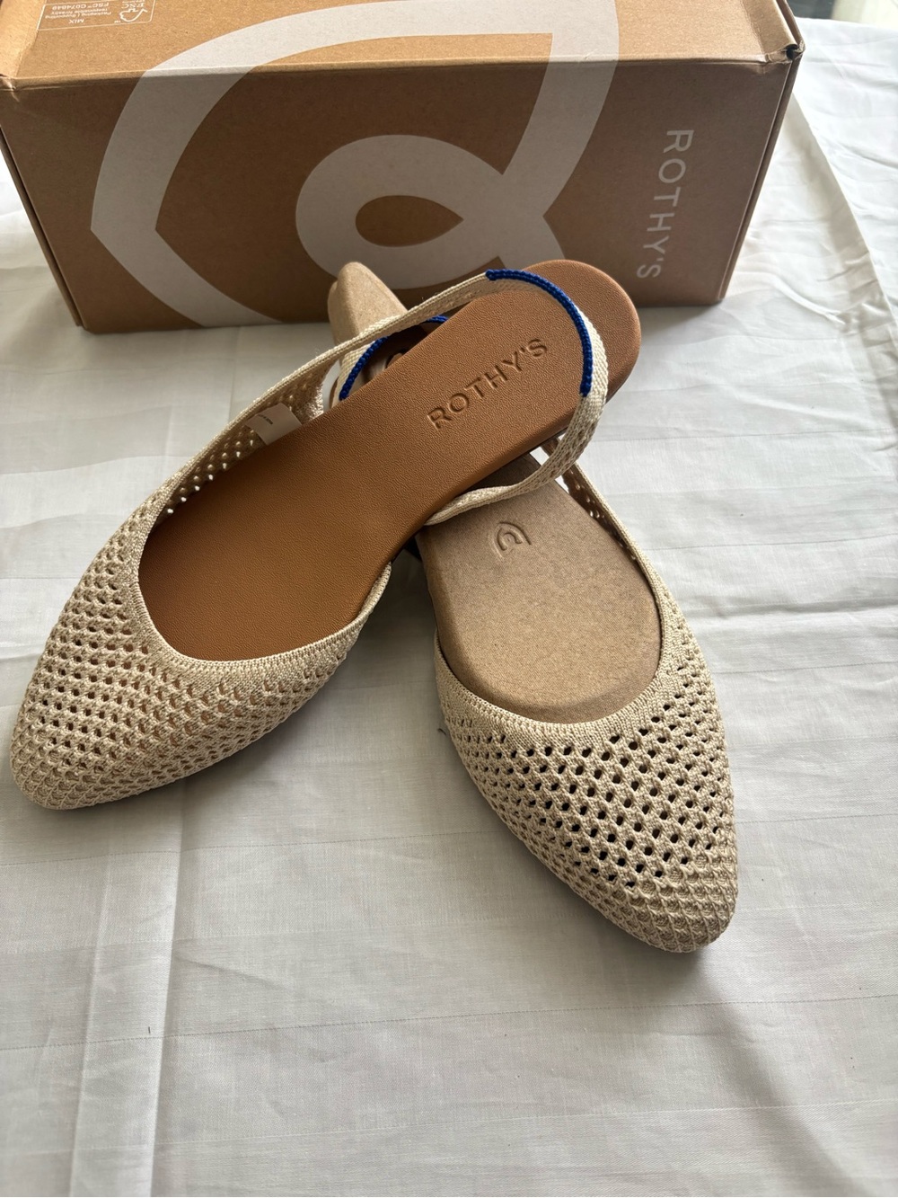 Rothy's Beige Knit Pointed Slingback Flats with Blue Accent